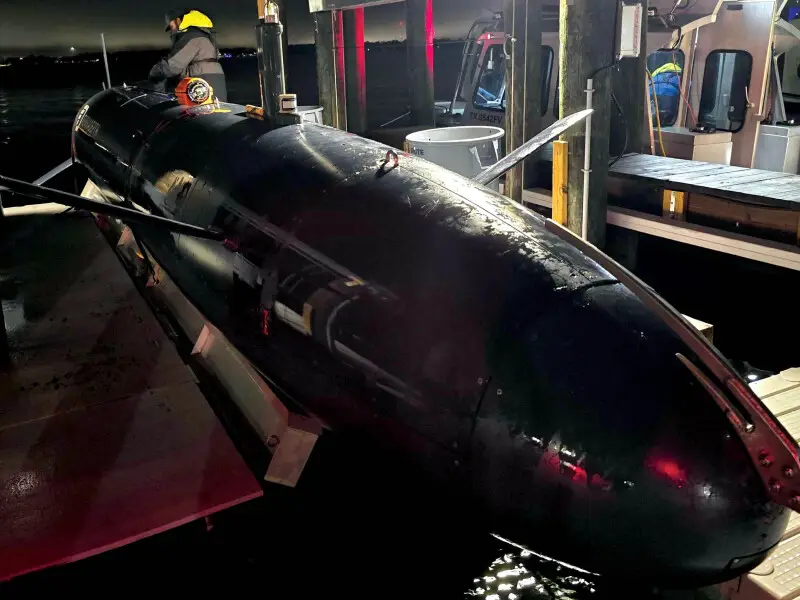 Terradepth Submarine at night at the dock